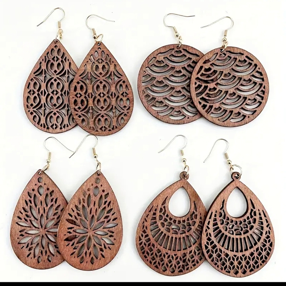 Four Pairs Wood Carved Dangle Earrings / Boho Style Earrings / Lightweight Earri